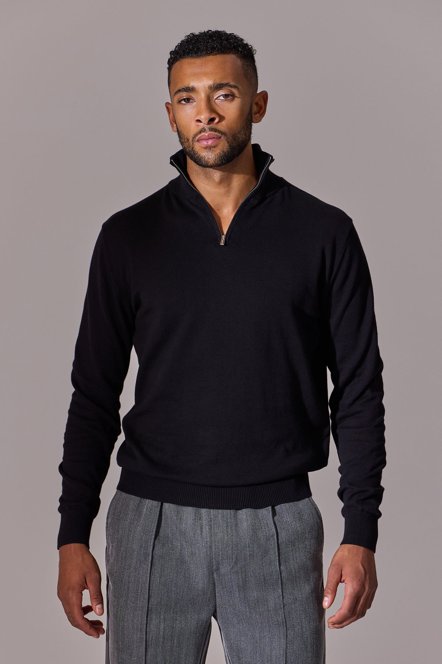 Maklin Clothing's long sleeve, zip collar, polo shirt for men. Black colour.