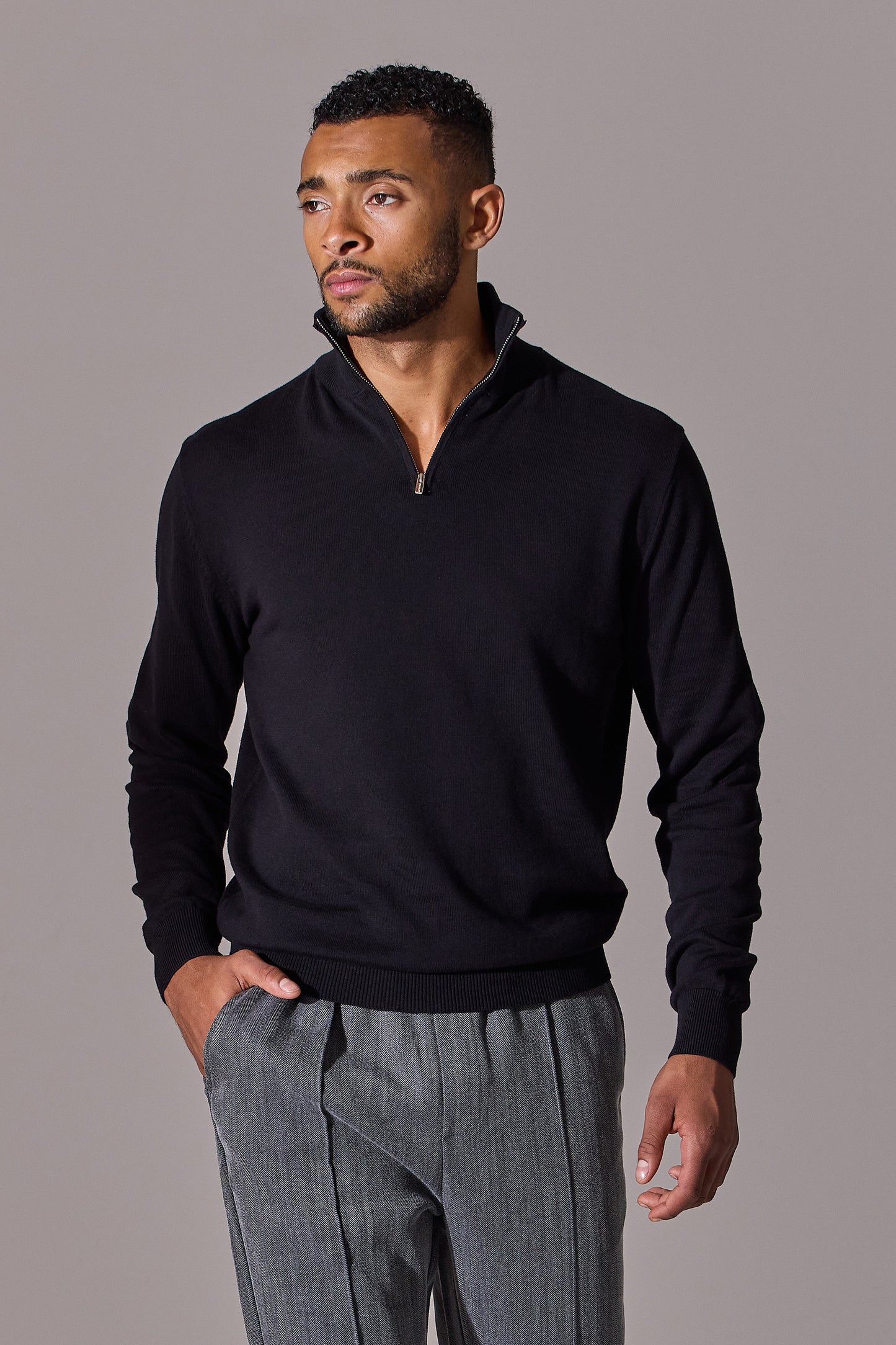 Long sleeve, zip collar, polo shirt for men from Maklin Clothing. Black colour.