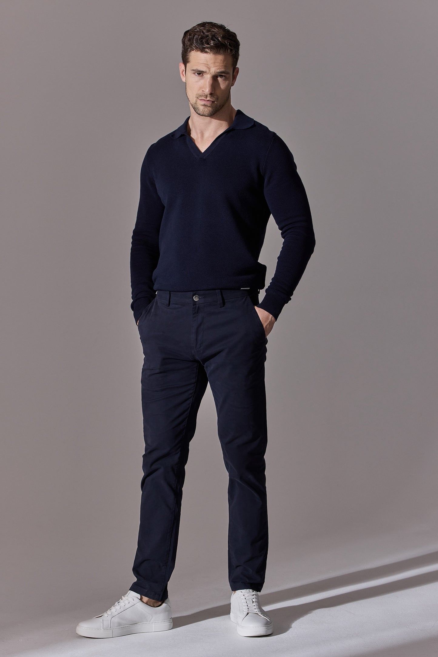 Navy blue colour, slim fit chino trousers for men. Maklin Clothing.