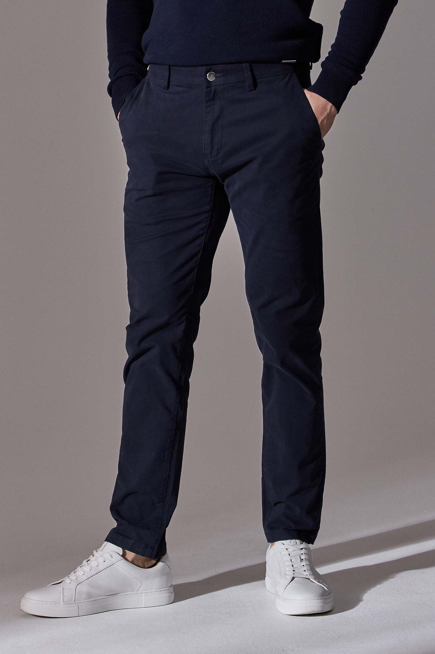 Navy blue colour, slim fit chino trousers for men. Menswear. Maklin Clothing.
