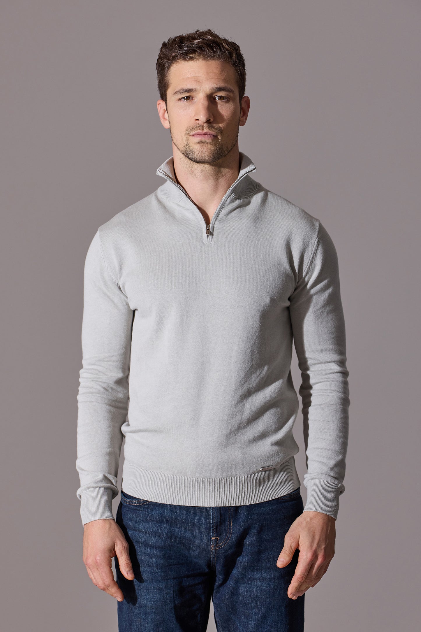White long sleeve polo shirt for men with zip. From Maklin Clothing.