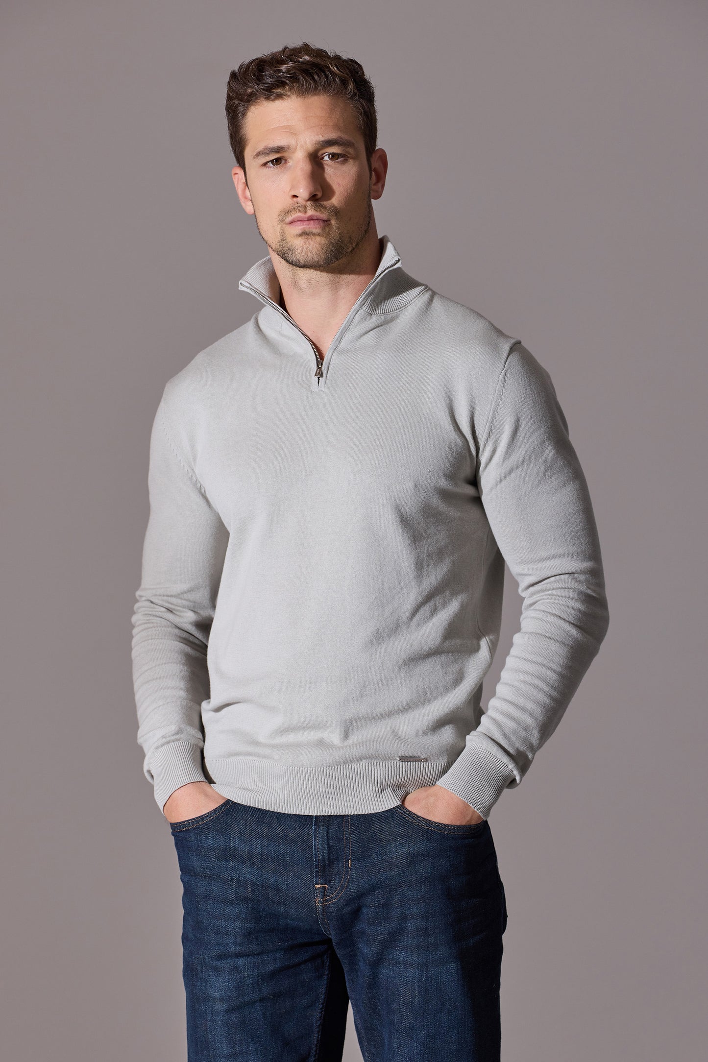 Maklin Clothing's white long sleeve polo shirt for men with zip.