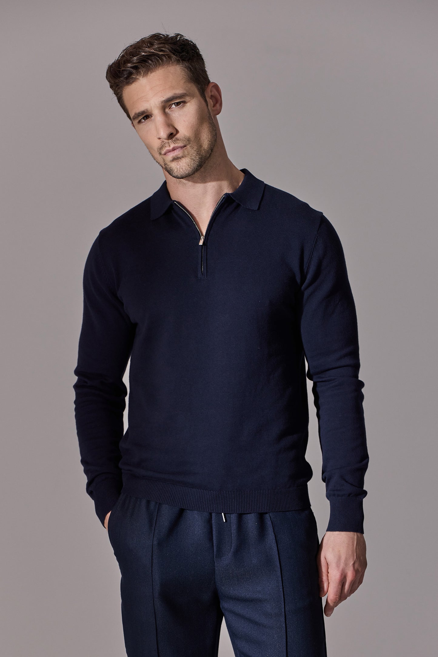 Euan Long Sleeve Quarter Zip Polo Shirt - Navy
