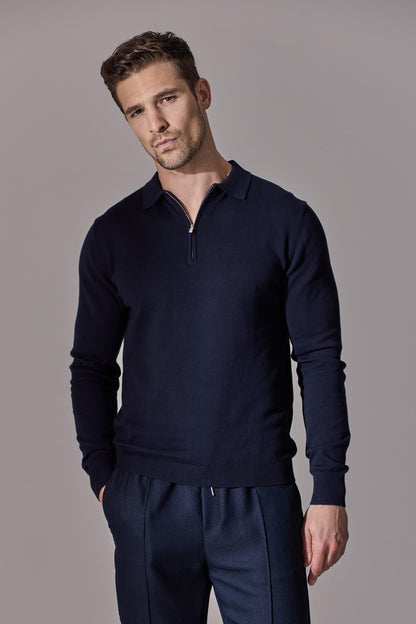 Euan Long Sleeve Quarter Zip Polo Shirt - Navy