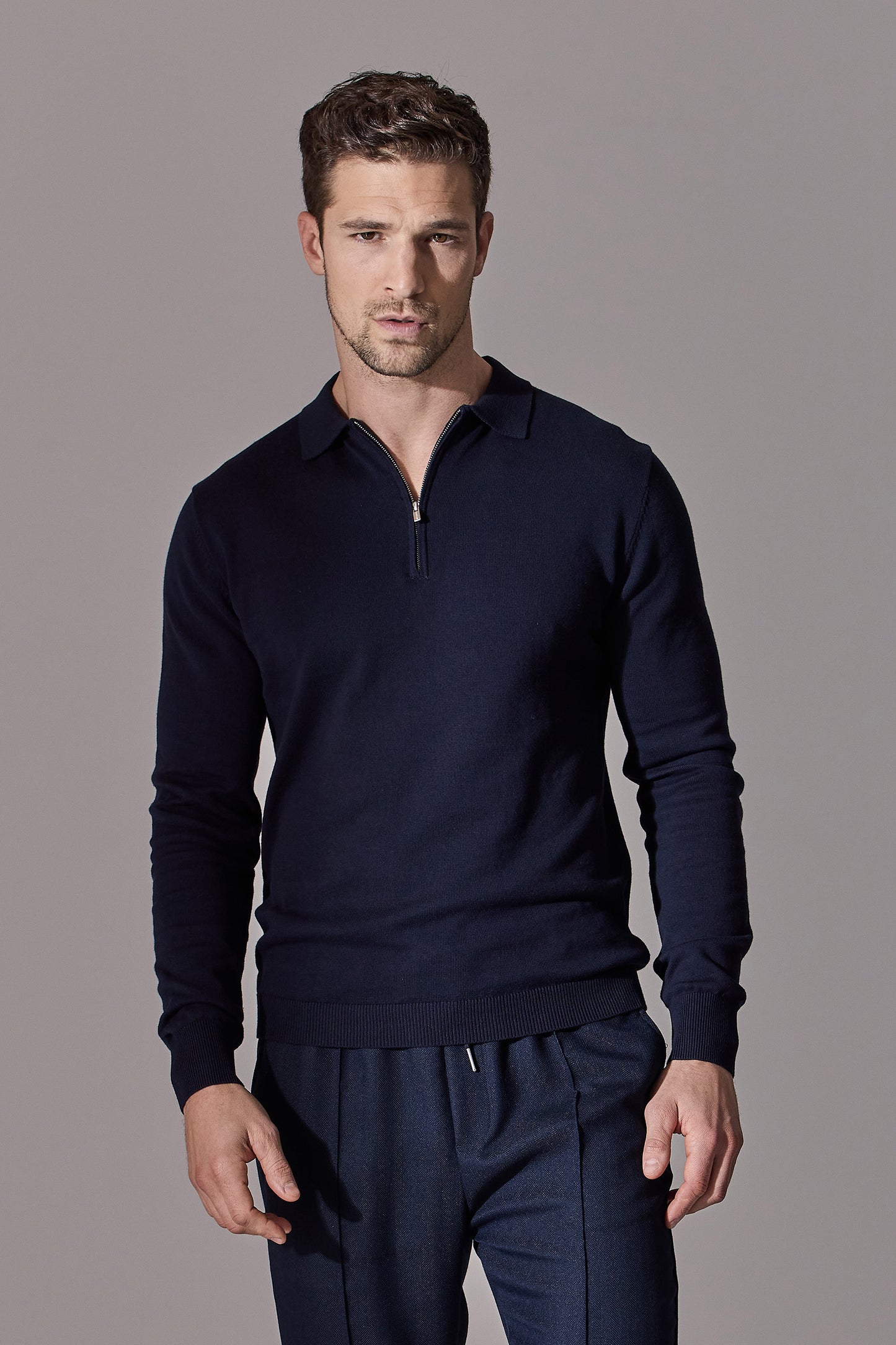 Euan Long Sleeve Quarter Zip Polo Shirt - Navy