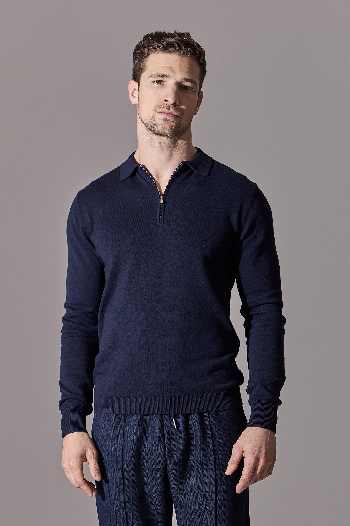 Euan Long Sleeve Quarter Zip Polo Shirt - Navy