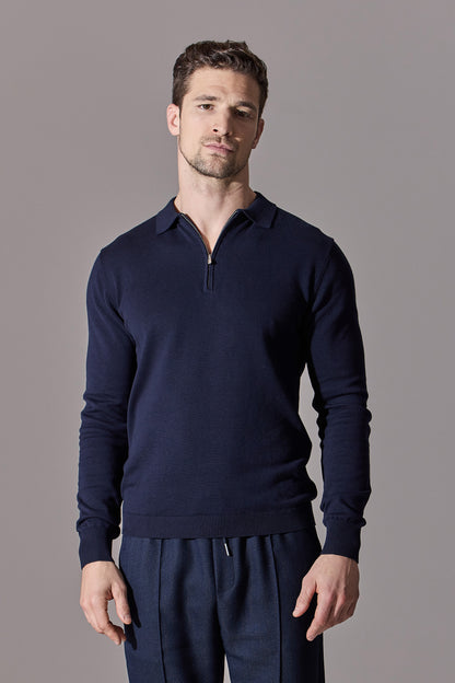 Euan Long Sleeve Quarter Zip Polo Shirt - Navy