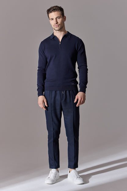 Herringbone smart joggers for men. From Maklin Clothing. Navy blue colour.