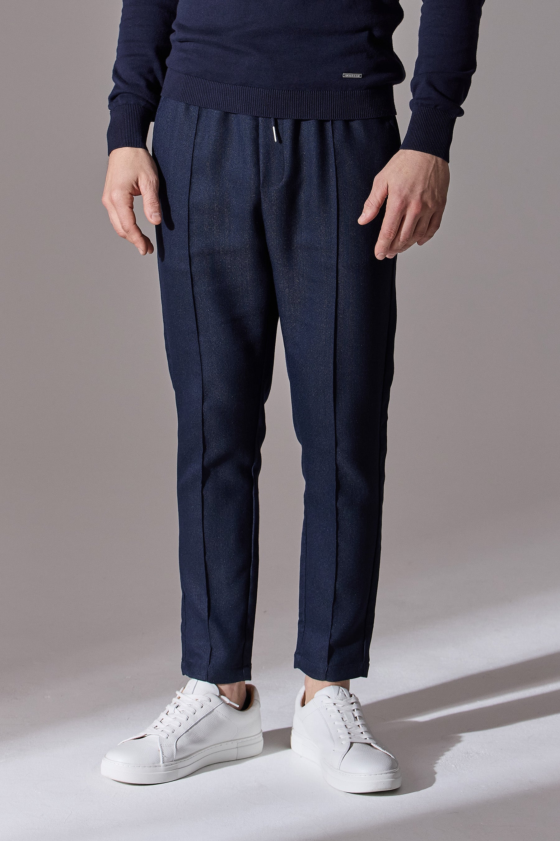 Navy blue Herringbone smart joggers for men. From Maklin Clothing.