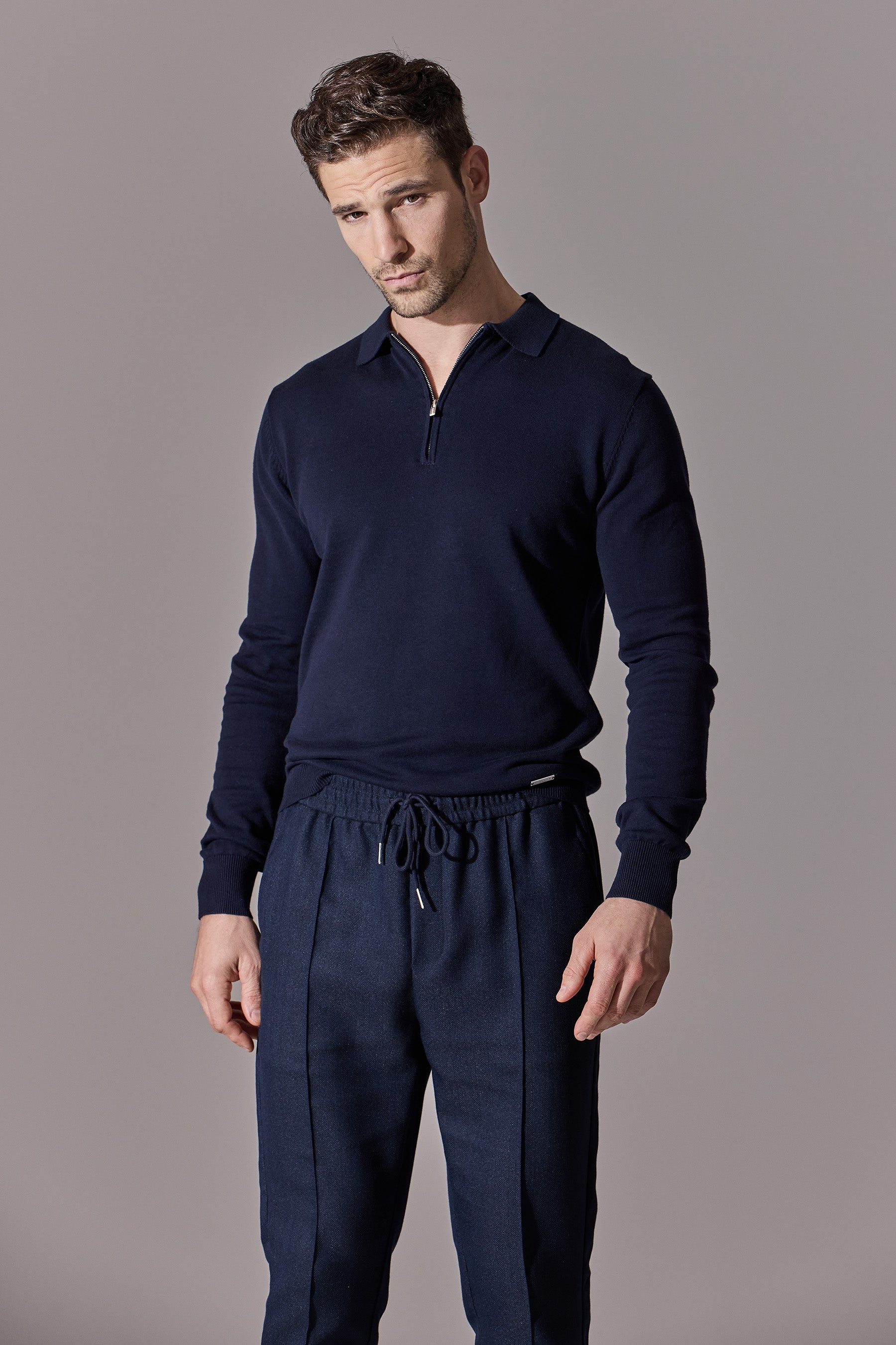 Maklin Clothing Navy blue smart joggers (Herringbone) and long sleeve polo shirt.Maklin Clothing