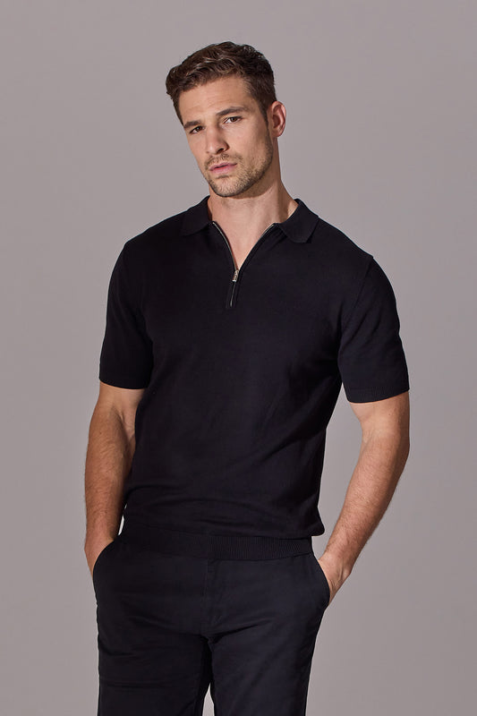 Euan Short Sleeve Quarter Zip Polo Shirt - Black