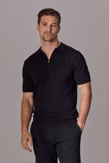 Euan Short Sleeve Quarter Zip Polo Shirt - Black