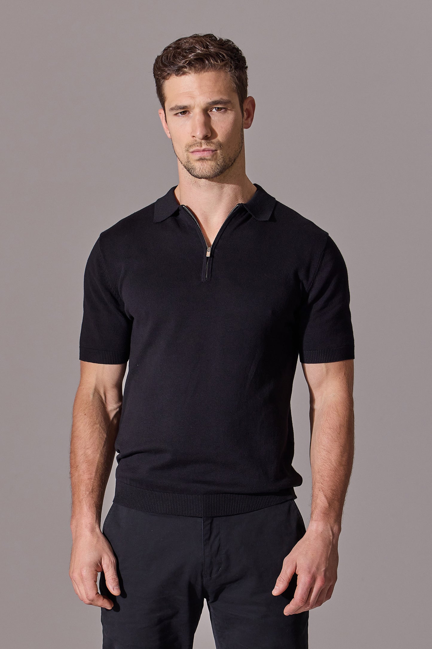Euan Short Sleeve Quarter Zip Polo Shirt - Black