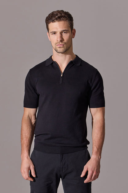 Euan Short Sleeve Quarter Zip Polo Shirt - Black