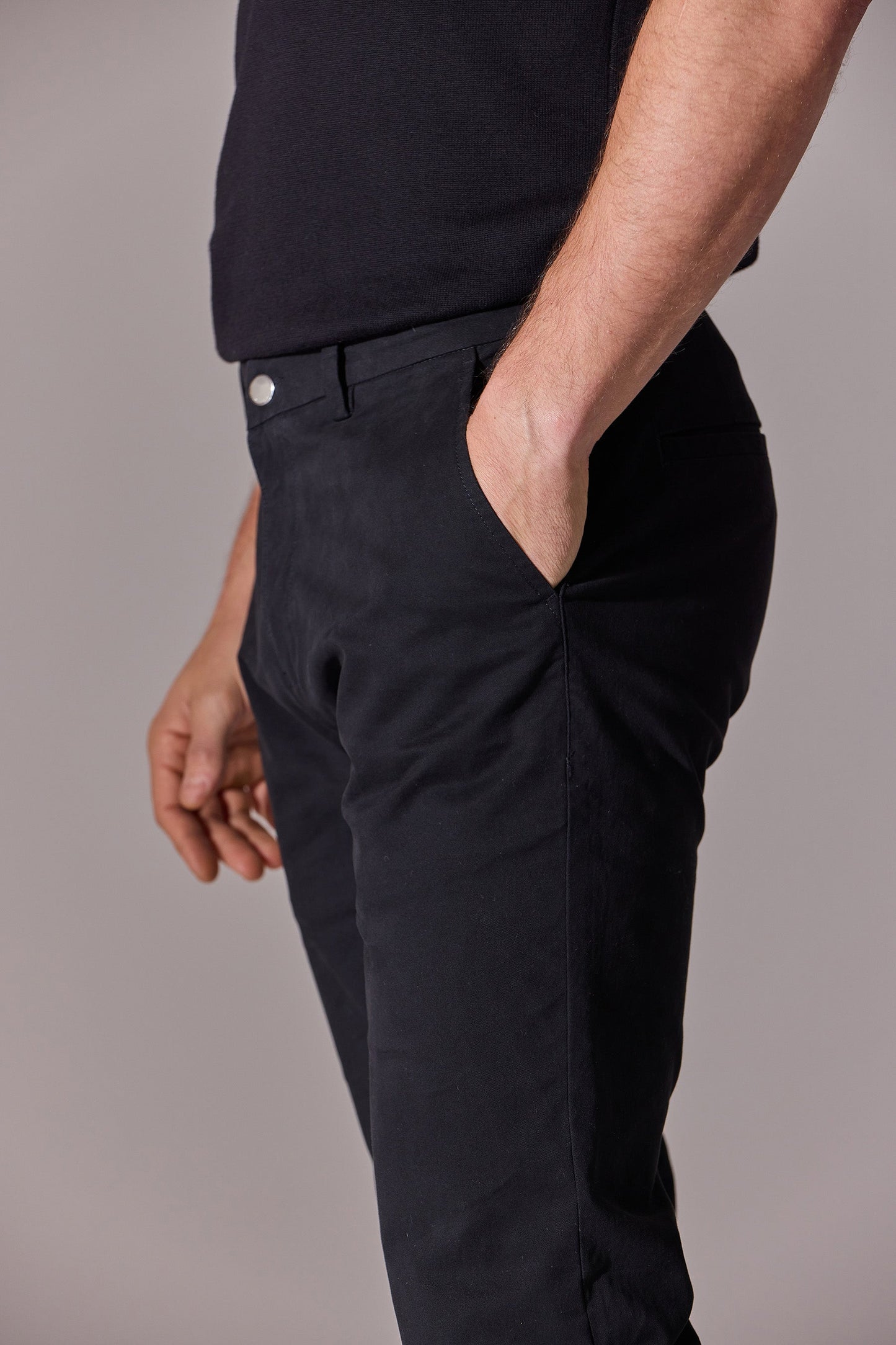 Black colour, slim fit chino trousers for men. Menswear. Maklin Clothing.