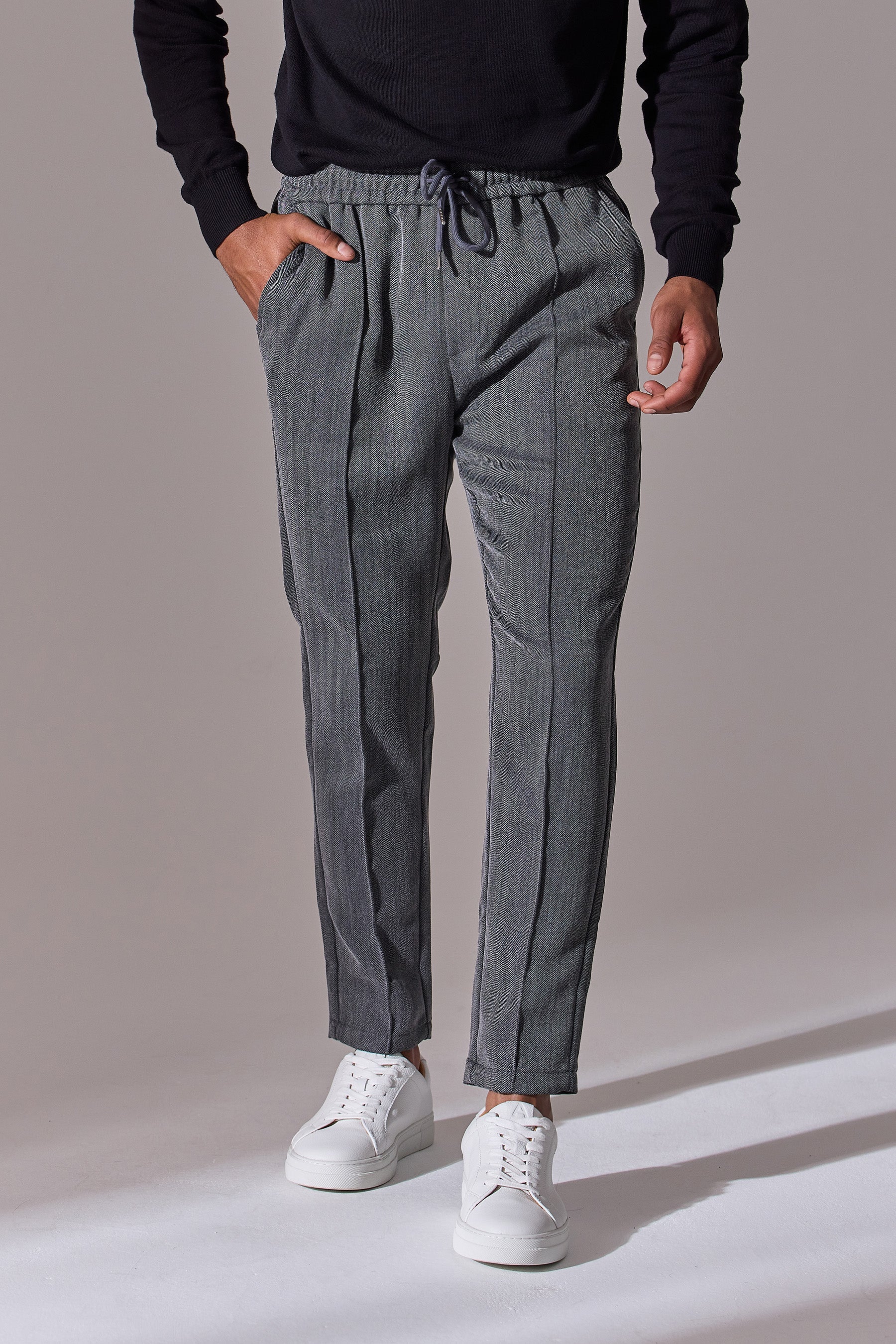 Herringbone smart joggers for men. Maklin Clothing. Grey and black colour