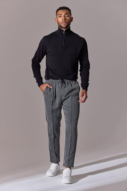 Grey Herringbone smart joggers for men. Maklin Clothing.