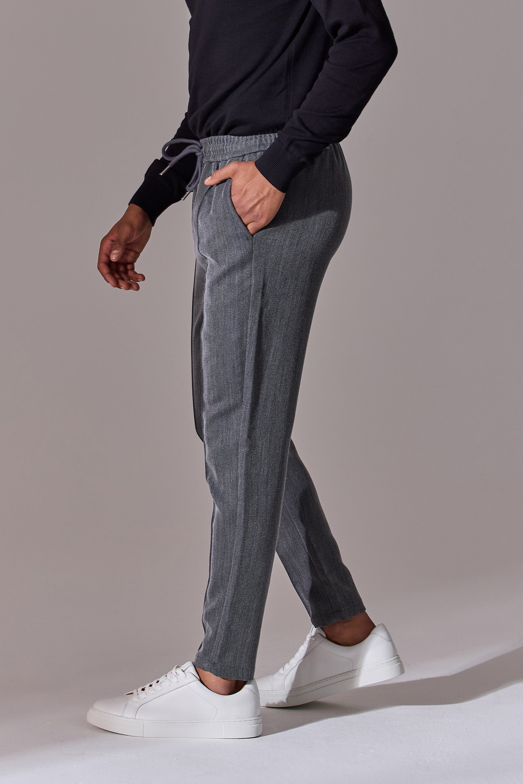 Herringbone smart joggers for men. Maklin Clothing. Grey colour.