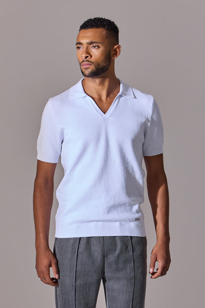Maklin Clothing's white short sleeve, open collar polo shirt for men.