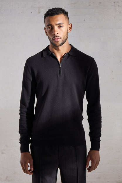 Euan Long Sleeve Quarter Zip Polo Shirt - Black