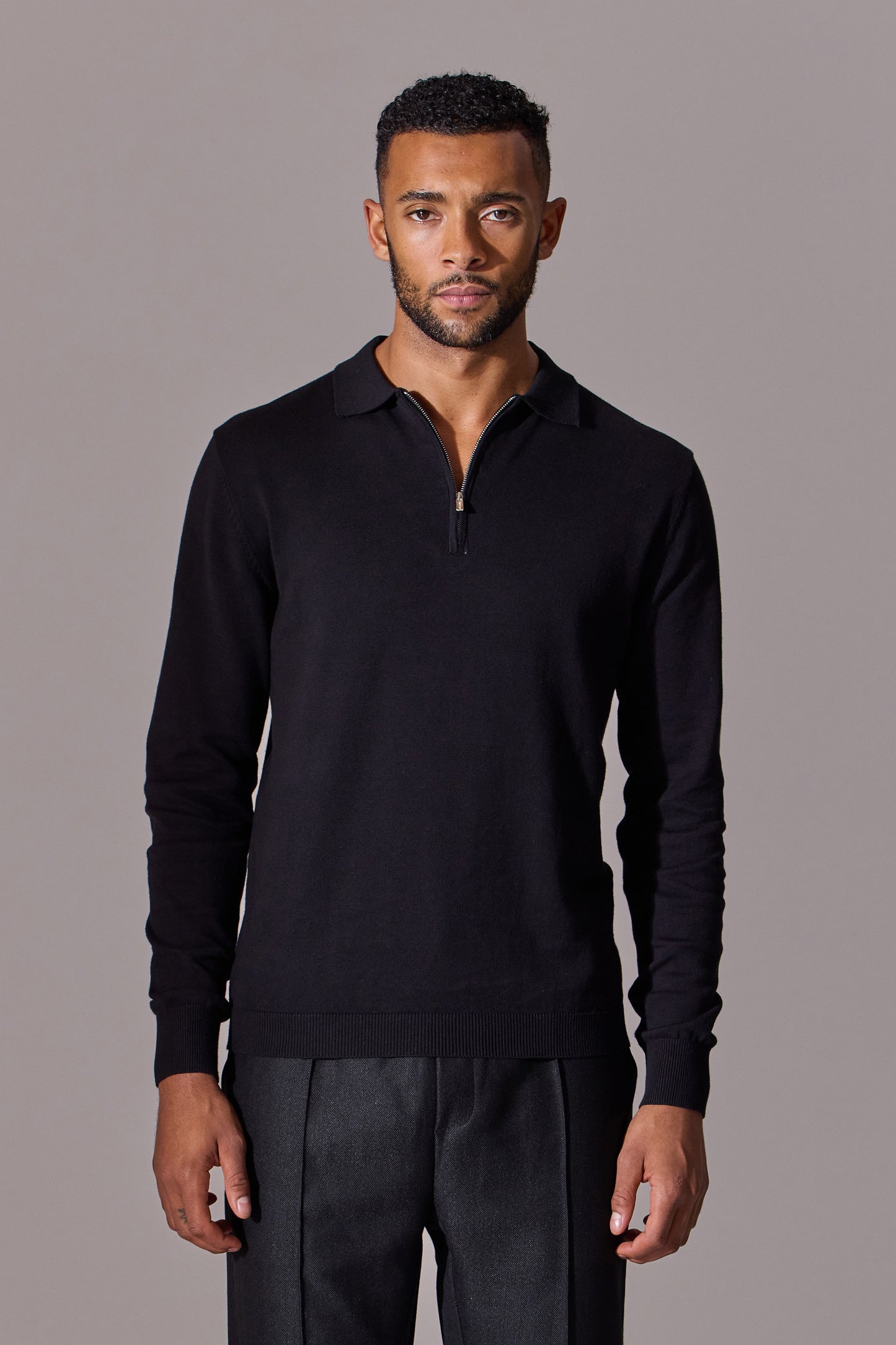 Euan Long Sleeve Quarter Zip Polo Shirt - Black