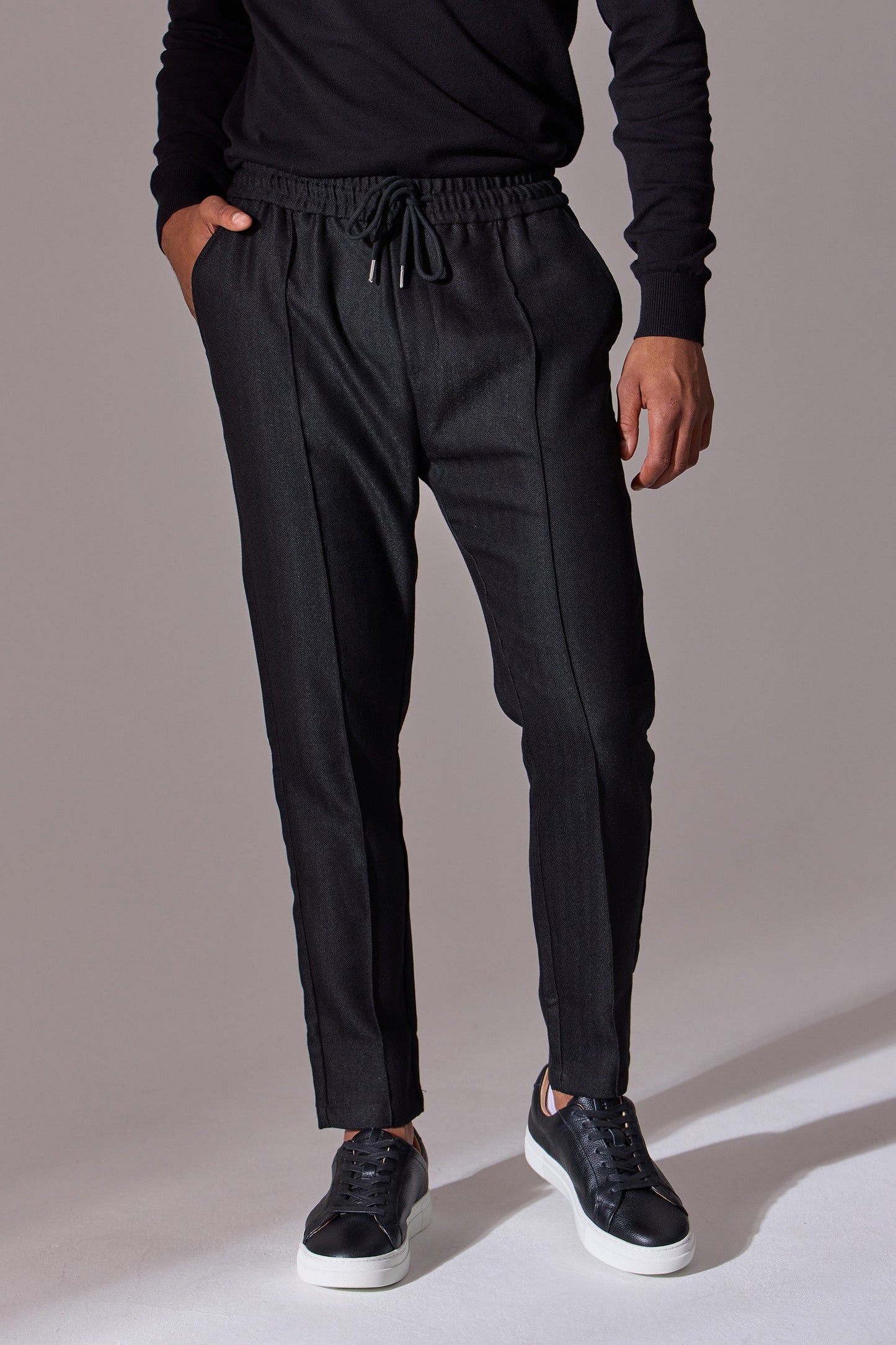 Herringbone smart joggers for men from Maklin Clothing. Black.