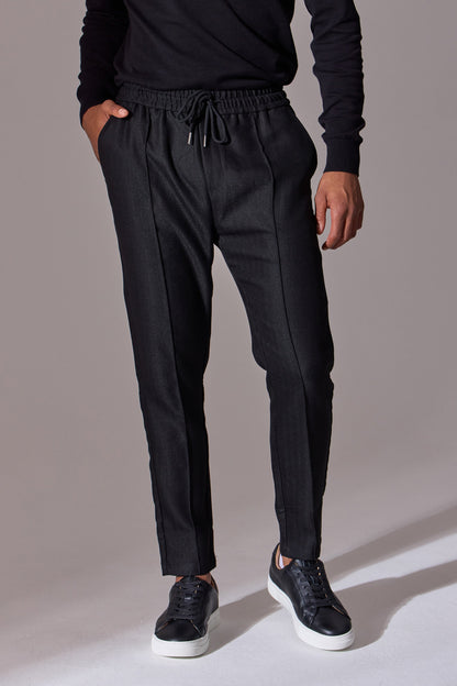 Herringbone smart joggers for men from Maklin Clothing. Black.