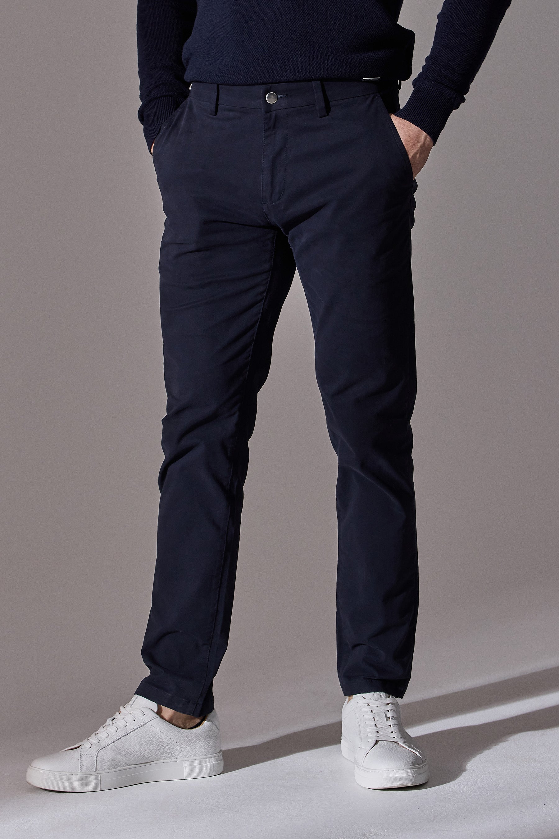 Navy blue colour, slim fit chino trousers for men. Menswear. Maklin Clothing.