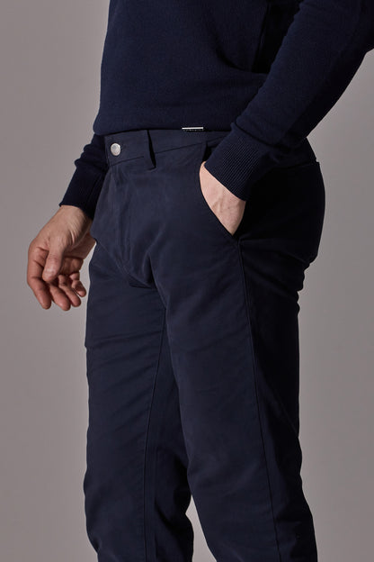 Maklin Clothing's slim fit navy blue chino trousers for men. 