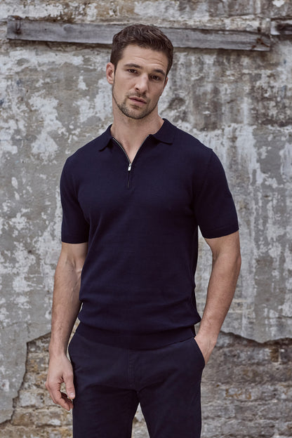 Euan Short Sleeve Quarter Zip Polo Shirt - Navy