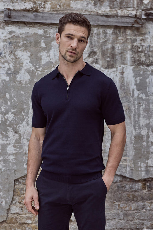 Euan Short Sleeve Quarter Zip Polo Shirt - Navy