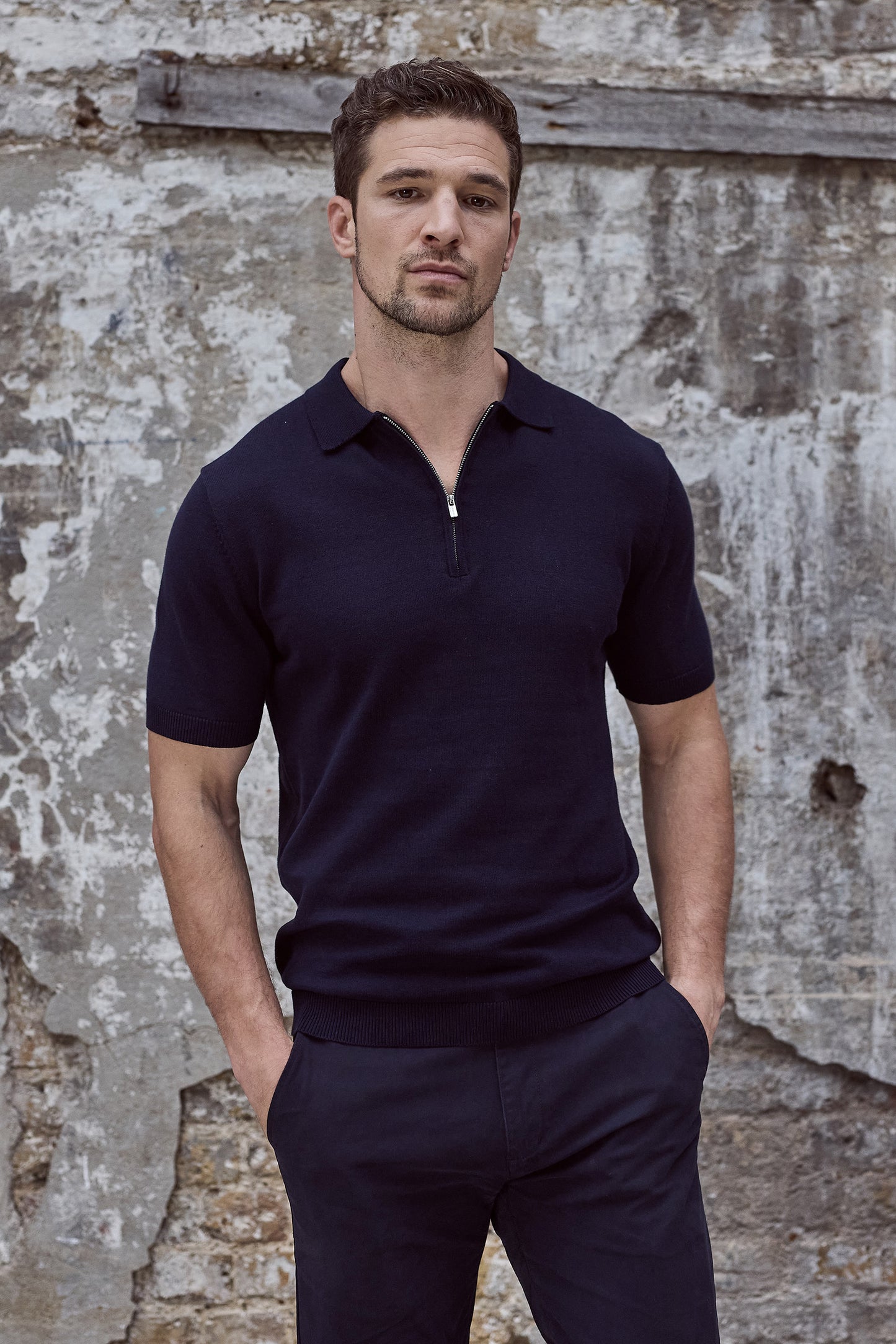 Euan Short Sleeve Quarter Zip Polo Shirt - Navy