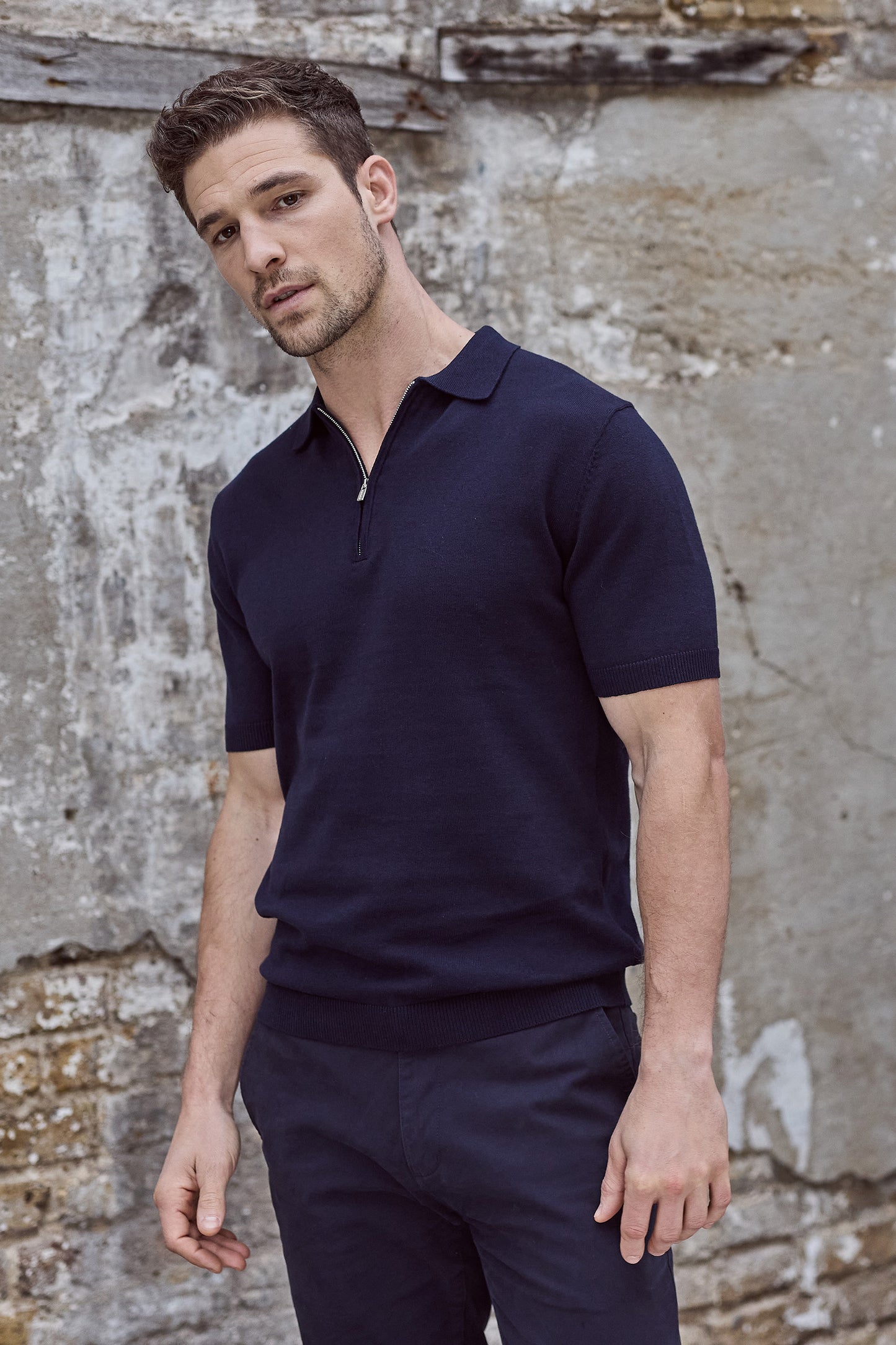 Euan Short Sleeve Quarter Zip Polo Shirt - Navy