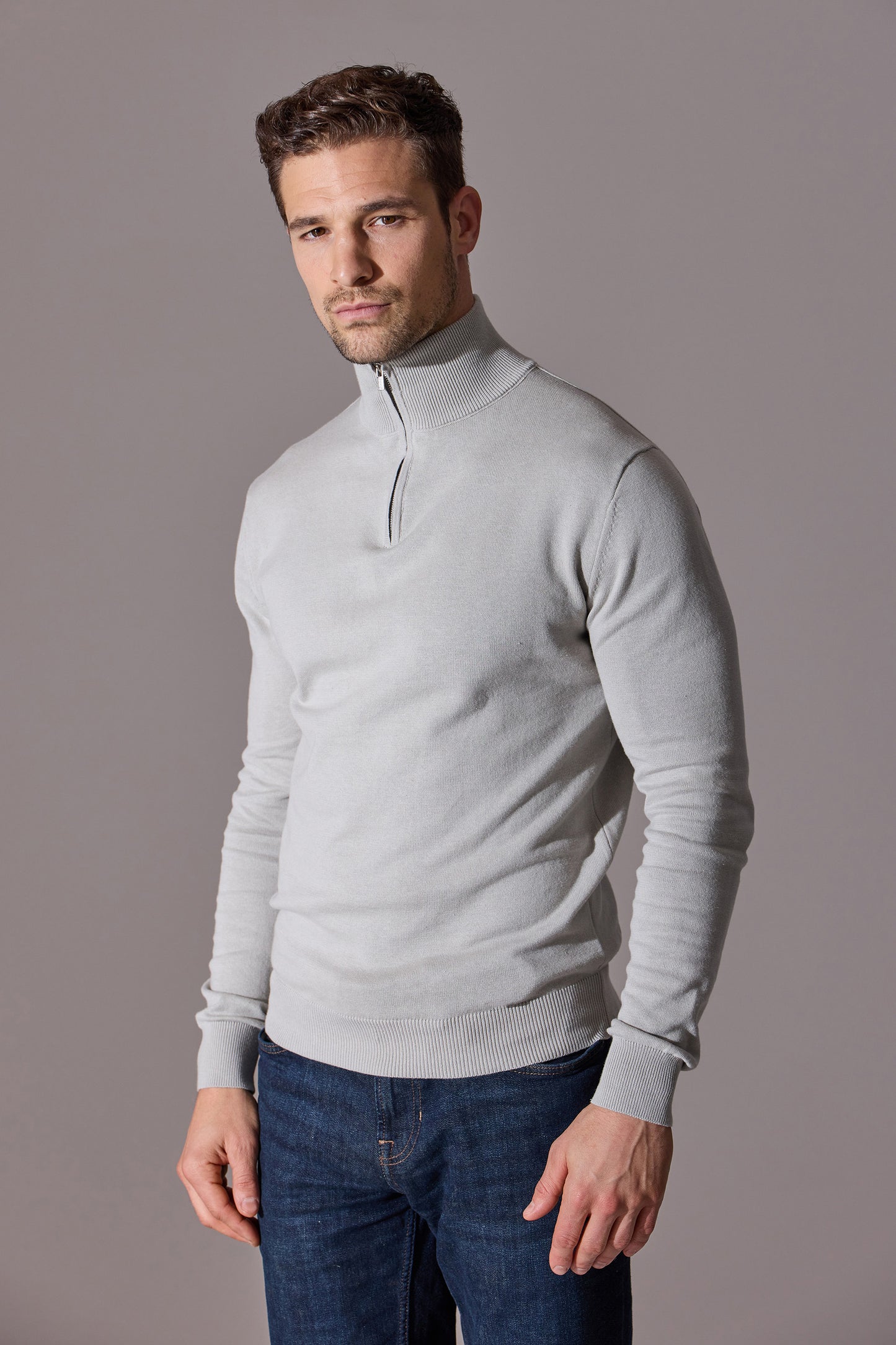 Ross Slim Fit Quarter Zip Jumper - Stone