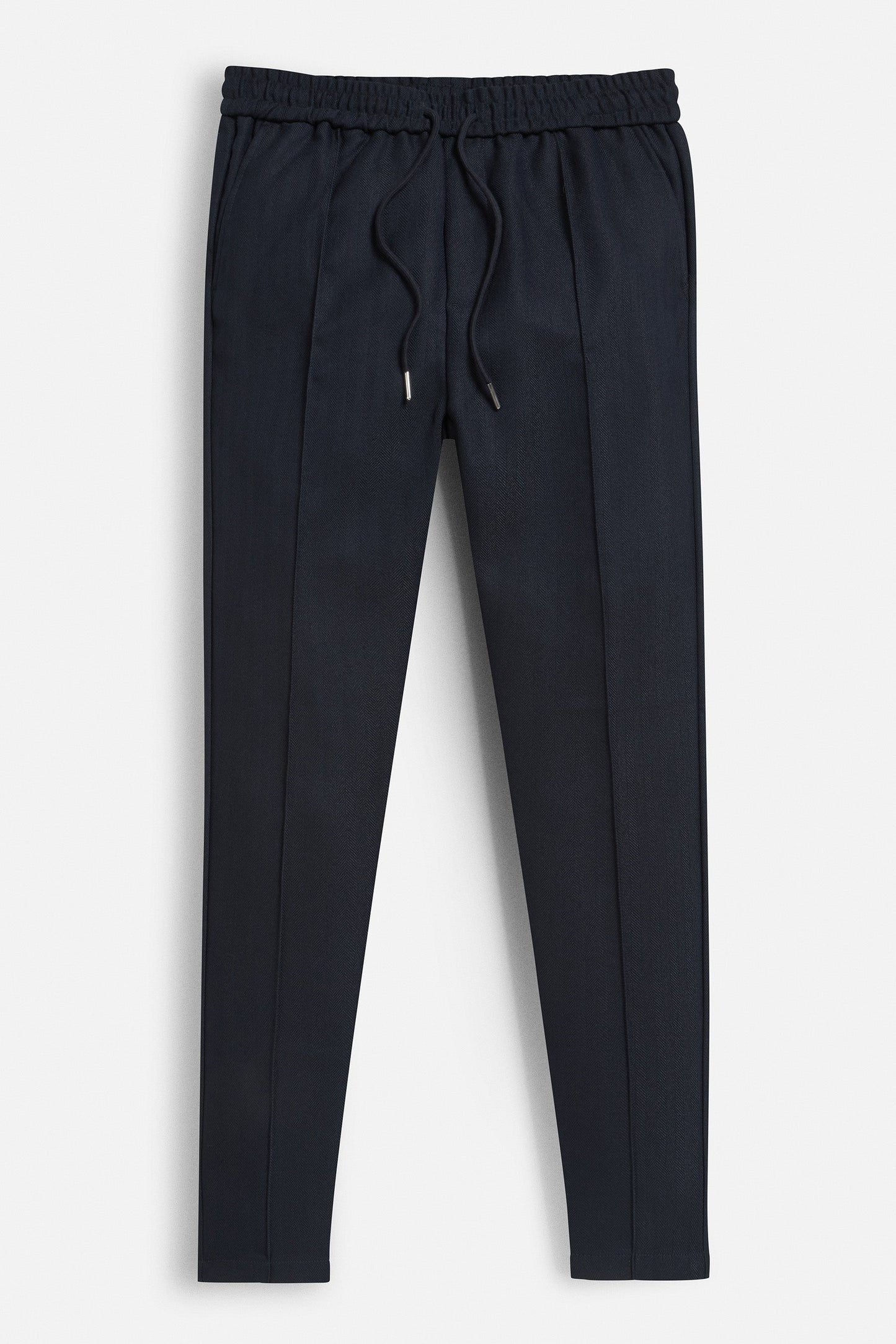 Men's navy blue Herringbone trousers from Maklin Clothing.